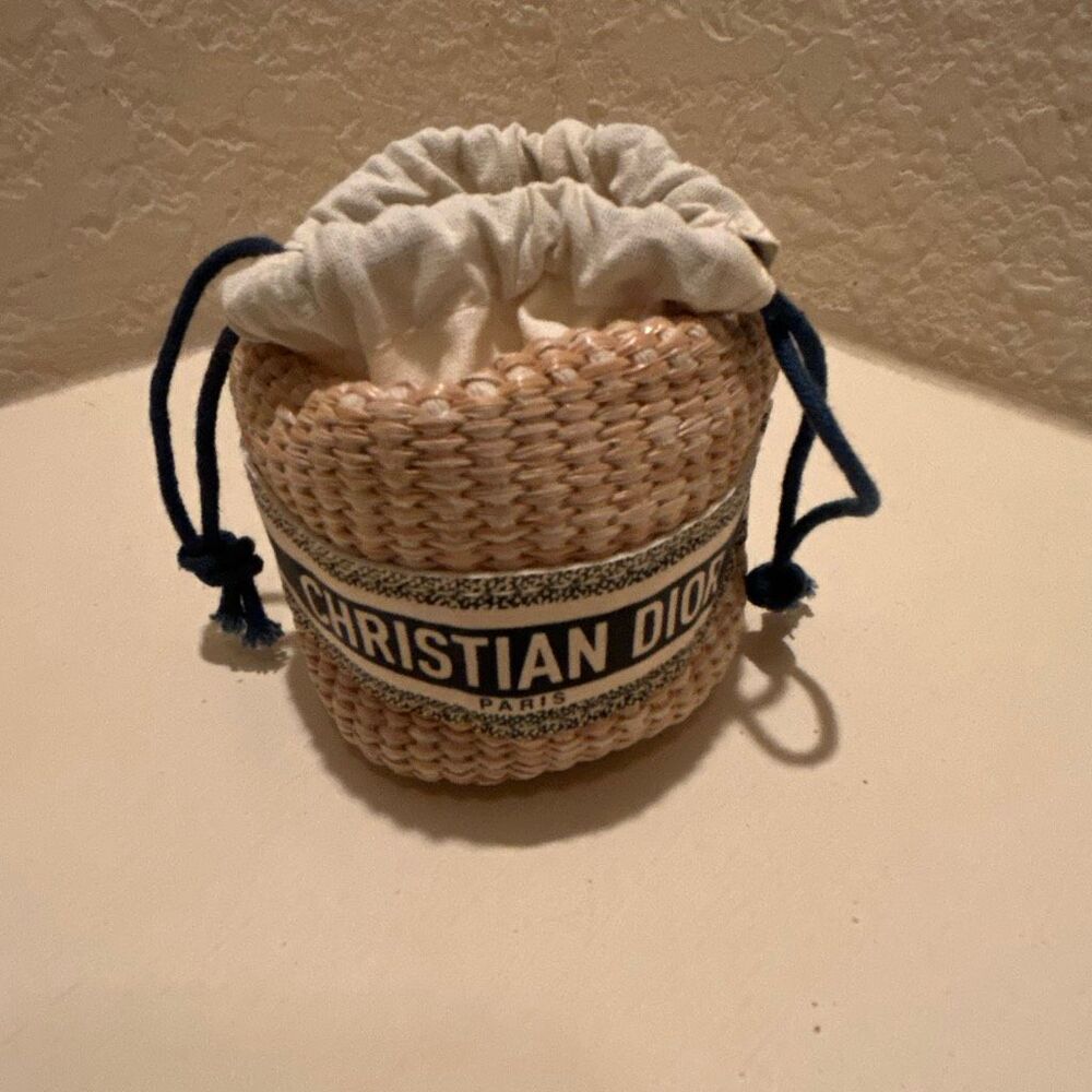 Christian Dior Beauty Mini Raffia Drawstring Top Bag Blue White Logo Coastal